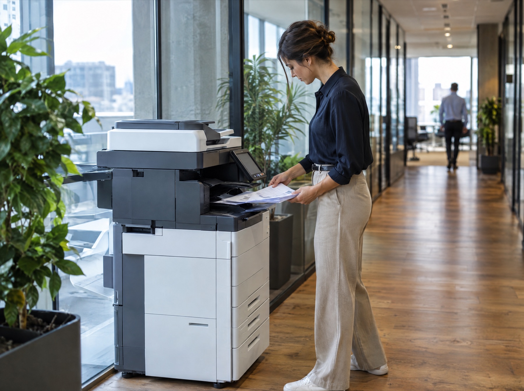 Mitarbeiterin am Multifunktionssystem im Büro