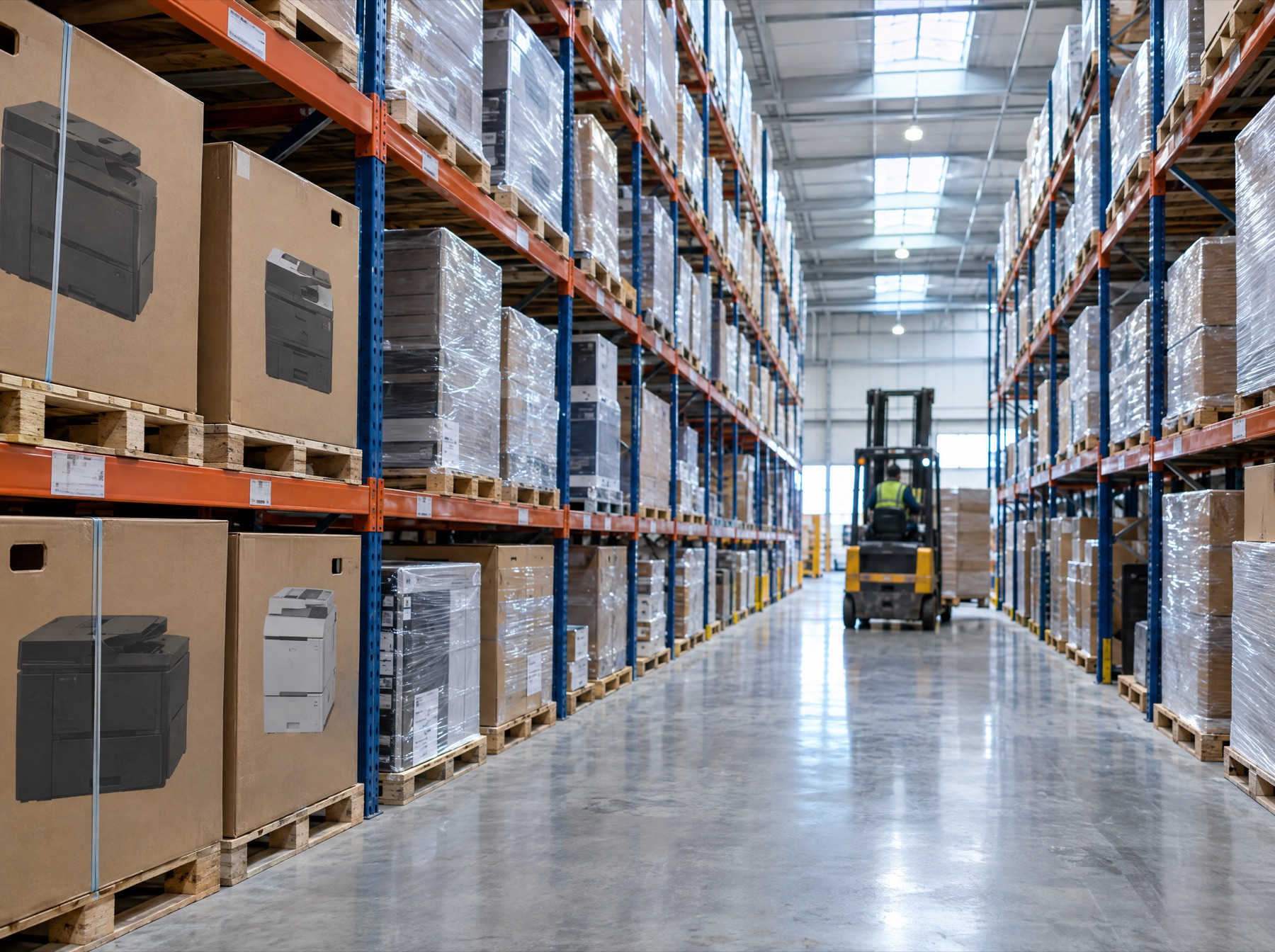 Lagergang mit verpackten Druck- und Multifunktionssystemen
