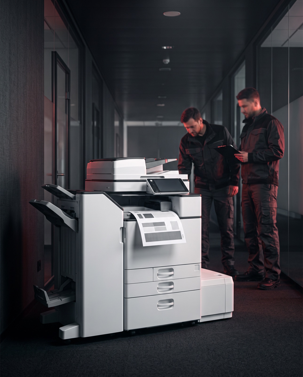 Zwei Techniker übergeben ein frisch installiertes System im Büroflur