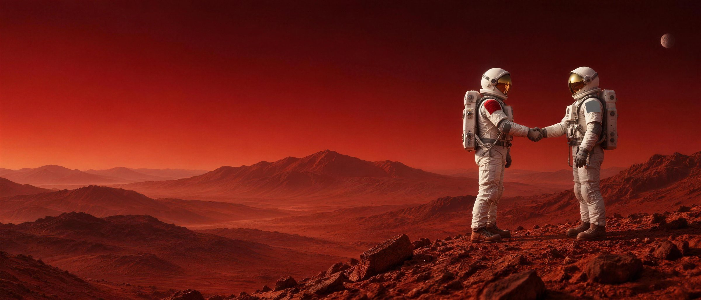 Zwei Astronauten reichen sich auf dem roten Mars die Hand