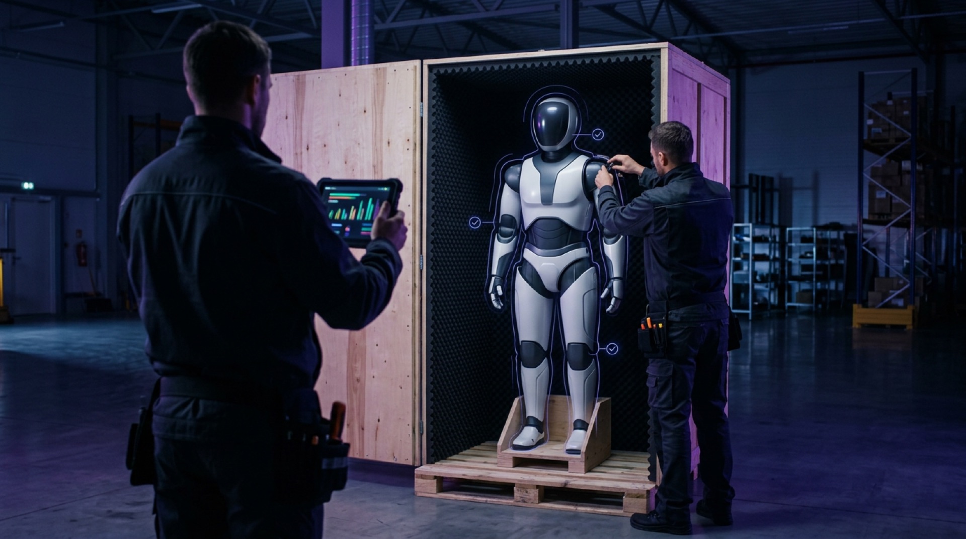 Zwei Techniker nehmen einen humanoiden Roboter aus einer gepolsterten Transportkiste in Betrieb