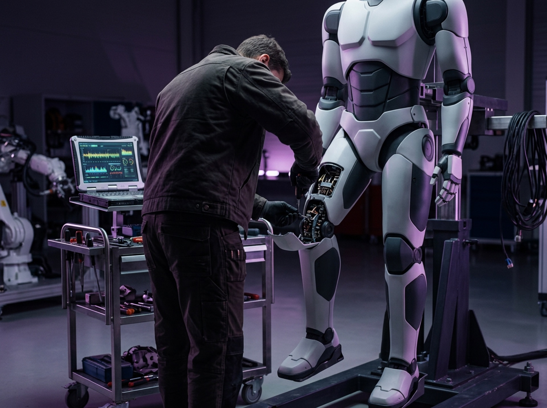 Techniker bei der Wartung eines humanoiden Roboters