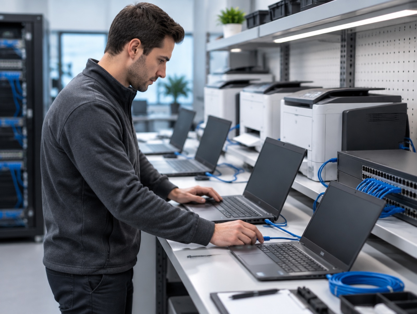 Techniker konfiguriert Systeme am Staging-Arbeitsplatz