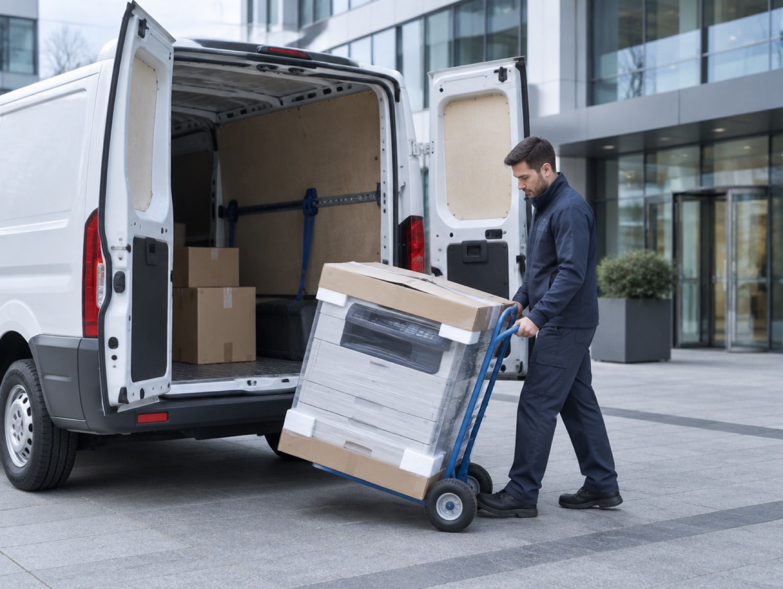 Transporter mit geöffneten Hecktüren, ein Techniker entlädt ein verpacktes Multifunktionssystem