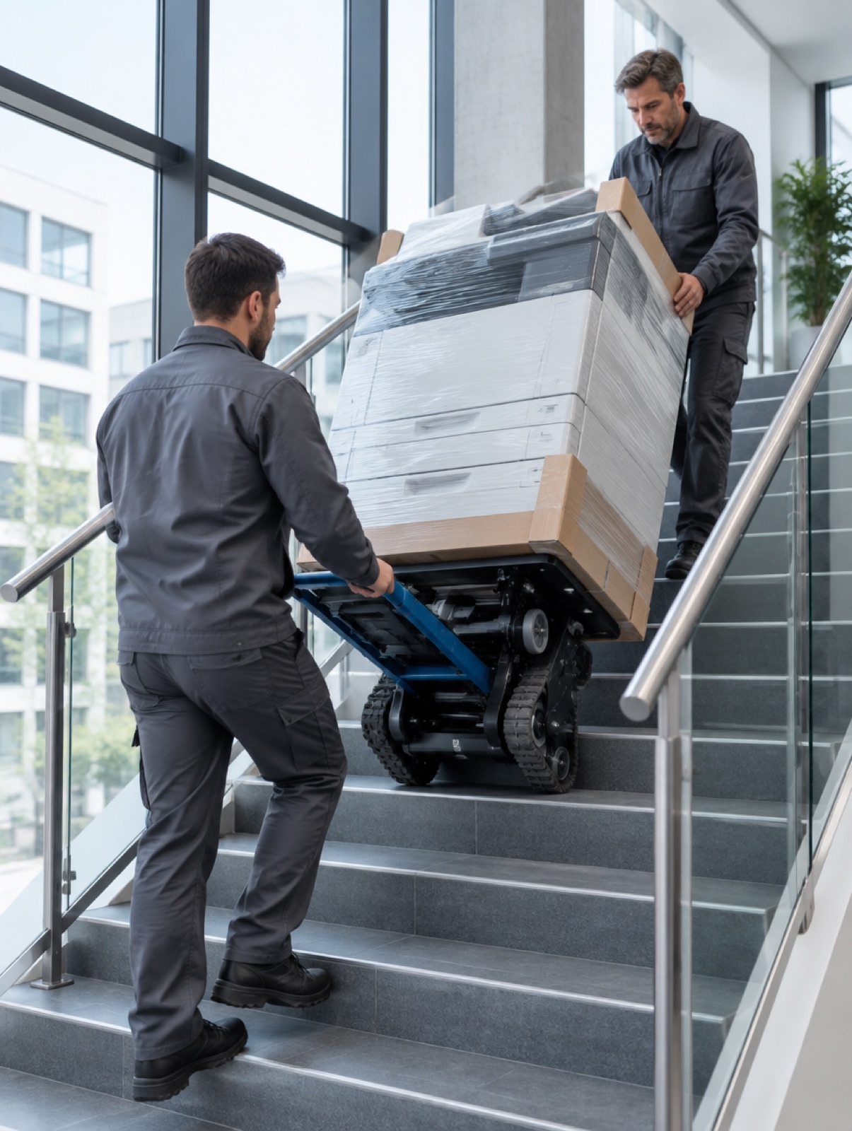 Techniker bringen ein Multifunktionssystem mit Treppensteiger ein